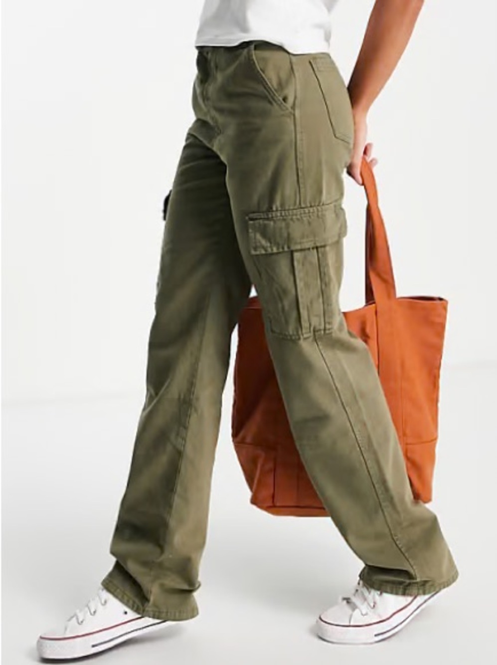 ASOS Stradivarius Petite Olive Cargo Utility Wide-Leg Pants